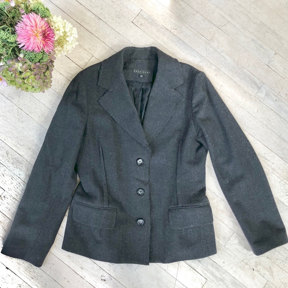 SHIN CHOI dark grey wool blazer with raw edges